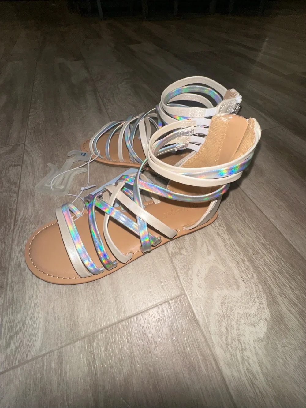 Girls Holographic Strappy Gladiator Sandals - Iridescent White